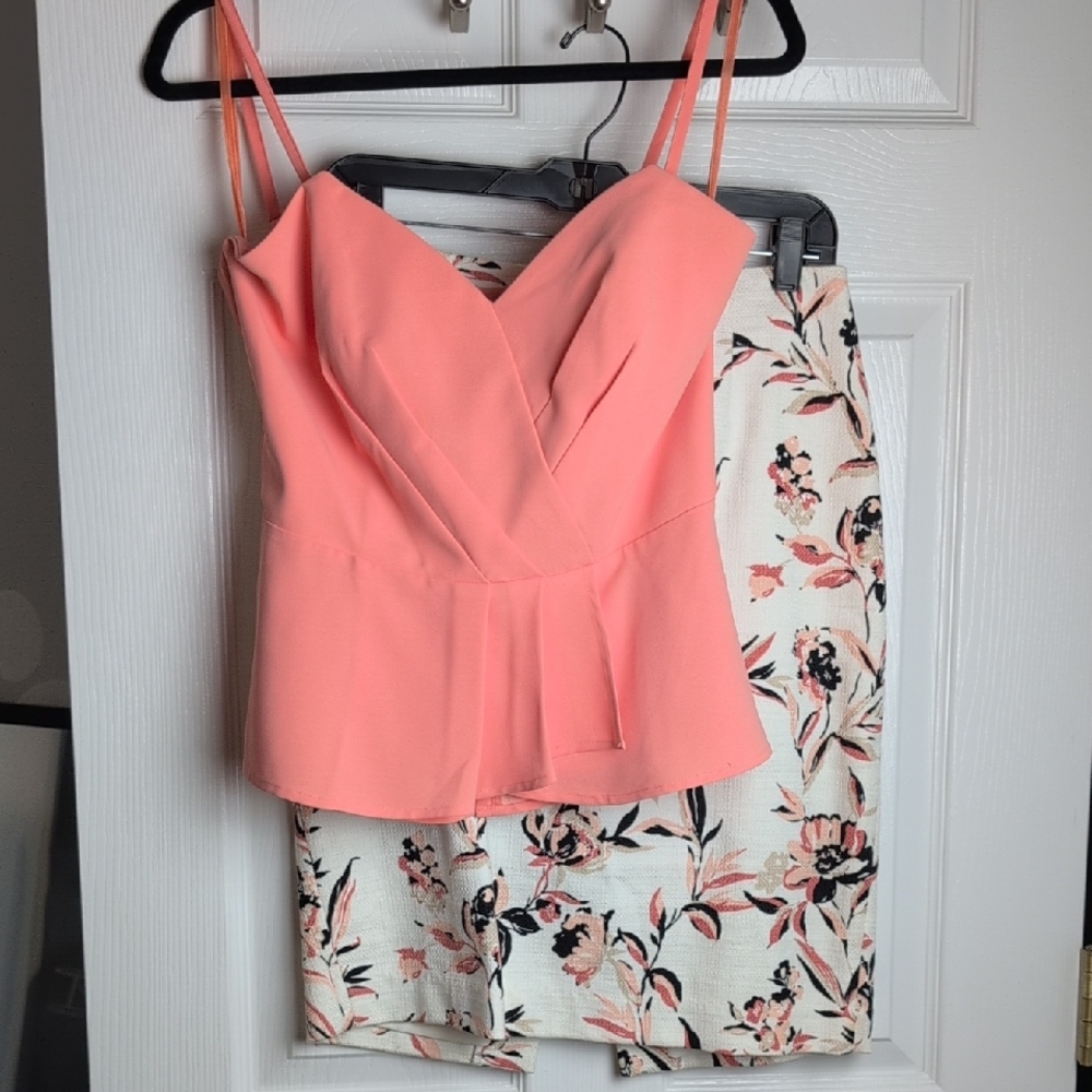 White House Black Market Coral Corset Top and Floral Skirt Set